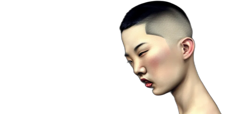 face, hair, mask, photorealistic, 3d render, concept art, cyberpunk, buzz transparent PNG cut-out