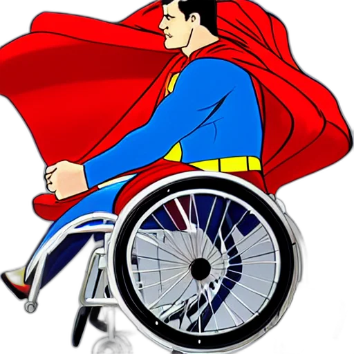 comic book art, cartoon, concept art, superman, wheelchair, color, film, photorealistic transparent PNG cut-out