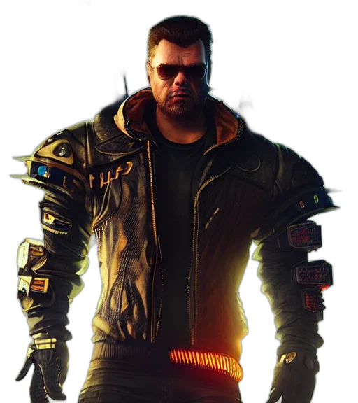 jacket, weapon, cyberpunk, concept art, 3d render, photorealistic, charismatic, rugged transparent PNG cut-out