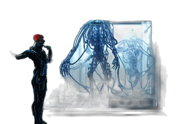 robot, creature, concept art, cyberpunk, 3d render, comic book art, underwater, outer space transparent PNG cut-out