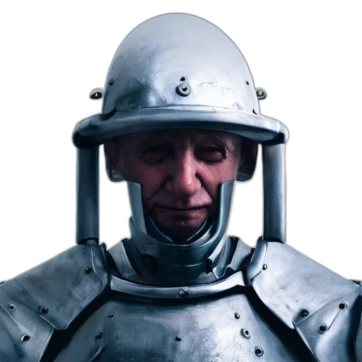 robot, face, staff, sword, concept art, 3d render, photorealistic, fantasy art transparent PNG cut-out