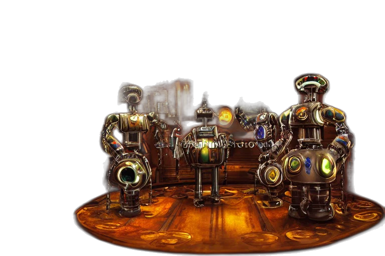 robot, concept art, 3d render, fantasy art, outer space, steampunk, dancing, inside transparent PNG cut-out