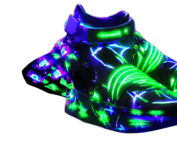 shoes, hat, cyberpunk, 3d render, vaporwave, concept art, neon lights, neon transparent PNG cut-out
