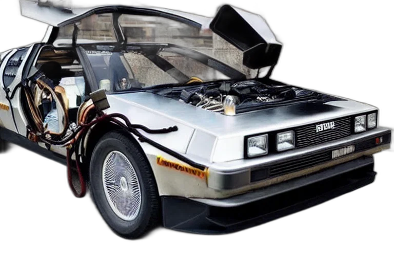 car, robot, photorealistic, concept art, steampunk, delorean transparent PNG cut-out