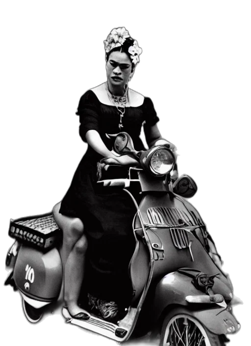 dress, photorealistic, concept art, comic book art, frida, kahlo, vespa transparent PNG cut-out