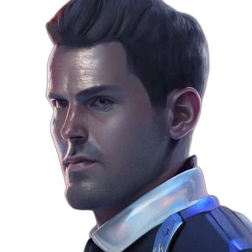 face, jacket, robot, staff, concept art, photorealistic, cyberpunk, comic book art transparent PNG cut-out