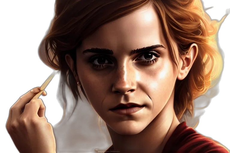 comic book art, photorealistic, concept art, fantasy art, fire, emma, watson, printed transparent PNG cut-out