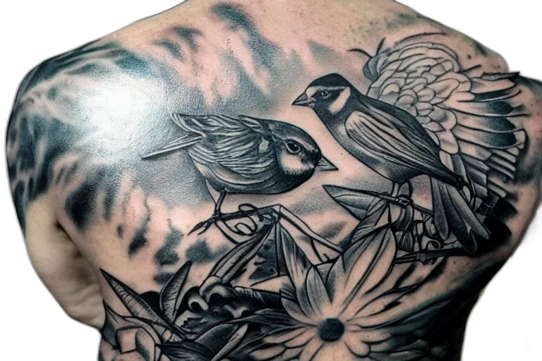 photorealistic, three, sparrows, tattooed transparent PNG cut-out