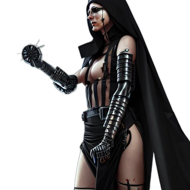 comic book art, concept art, fantasy art, 3d render, cyberpunk, nun, warrior, highly transparent PNG cut-out