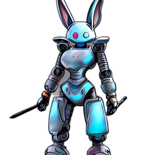 robot, weapon, concept art, 3d render, pixel art, cyberpunk, blue, rabbit transparent PNG cut-out