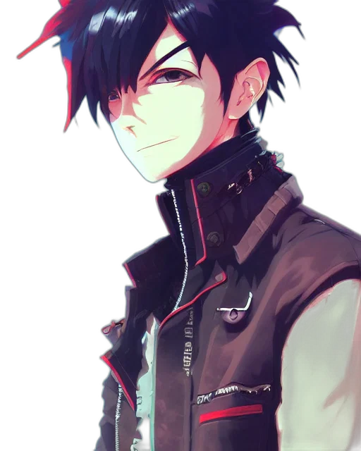 jacket, staff, hat, face, anime, watercolor, cartoon, cyberpunk transparent PNG cut-out