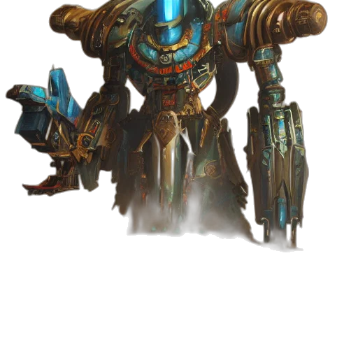 robot, weapon, staff, sword, concept art, fantasy art, 3d render, blue transparent PNG cut-out