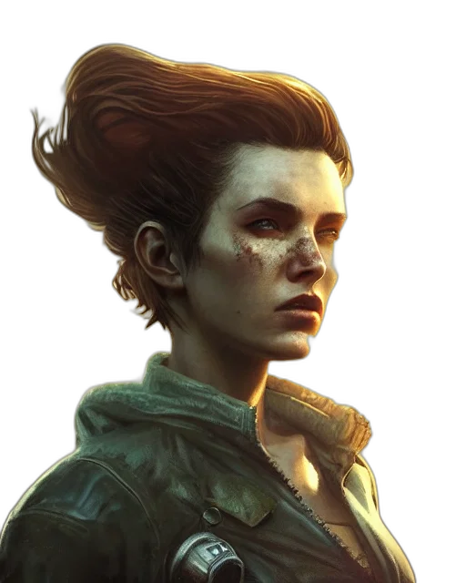 face, jacket, concept art, fantasy art, comic book art, photorealistic, green, earth tones transparent PNG cut-out