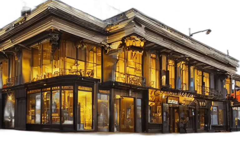 building, photorealistic, 3d render, concept art, city street, golden, art, bar transparent PNG cut-out