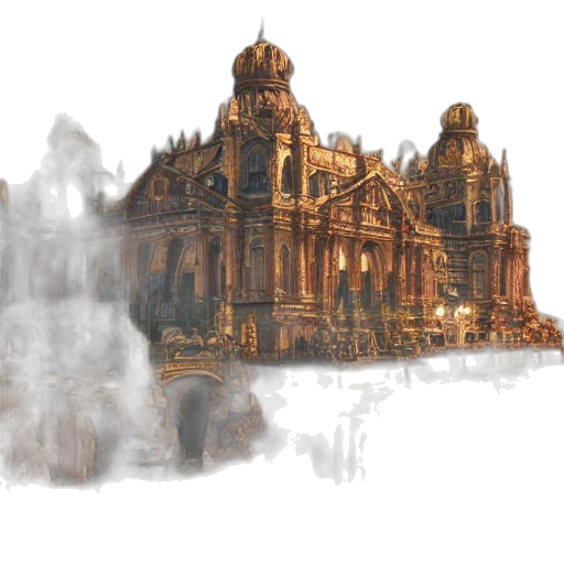building, concept art, fantasy art, 3d render, pixel art, fog, underwater, city street transparent PNG cut-out
