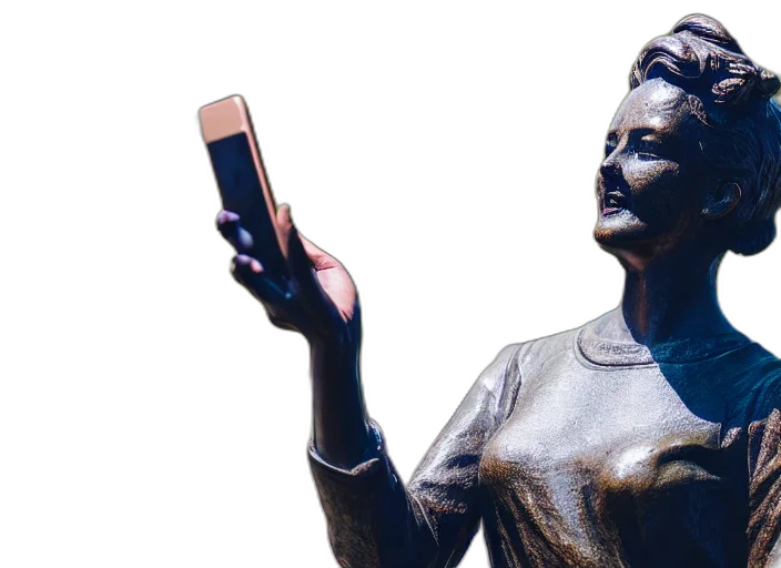 photo, still, bronze, statue, woman, using, iphone, take transparent PNG cut-out