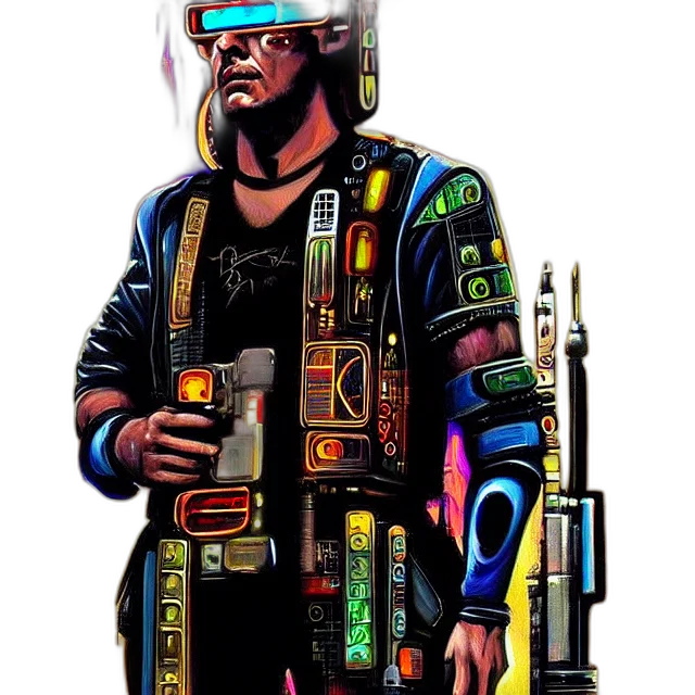 jacket, robot, weapon, staff, cyberpunk, concept art, comic book art, pixel art transparent PNG cut-out