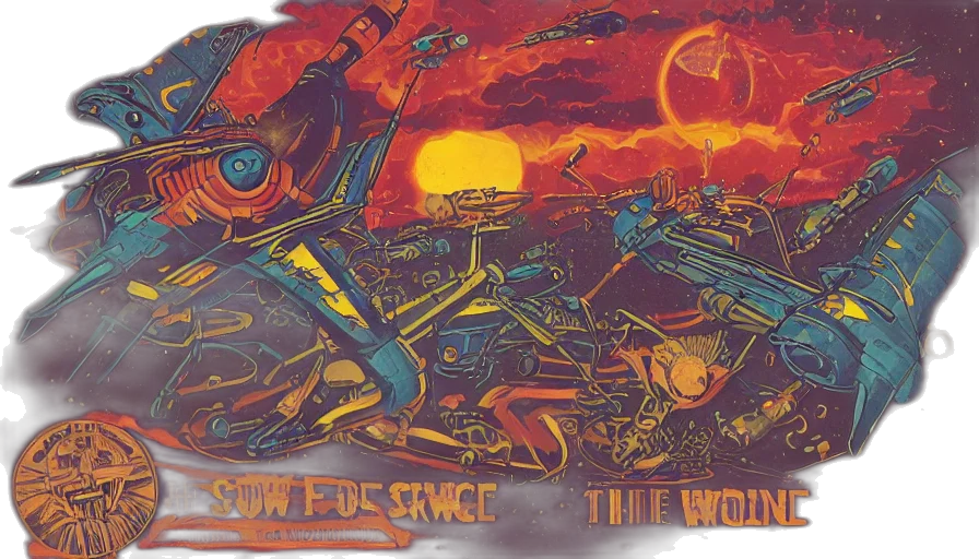 weapon, concept art, comic book art, outer space, fire, sunset, album, cover transparent PNG cut-out