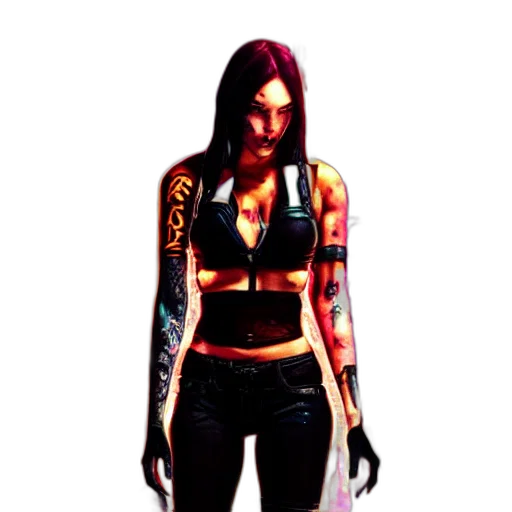 concept art, pixel art, comic book art, cyberpunk, dark, megan, fox, standing transparent PNG cut-out