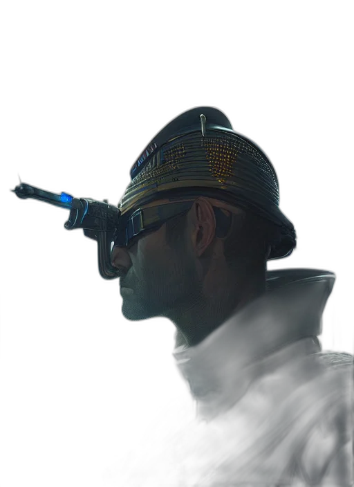 staff, hat, robot, weapon, cyberpunk, concept art, 3d render, photorealistic transparent PNG cut-out