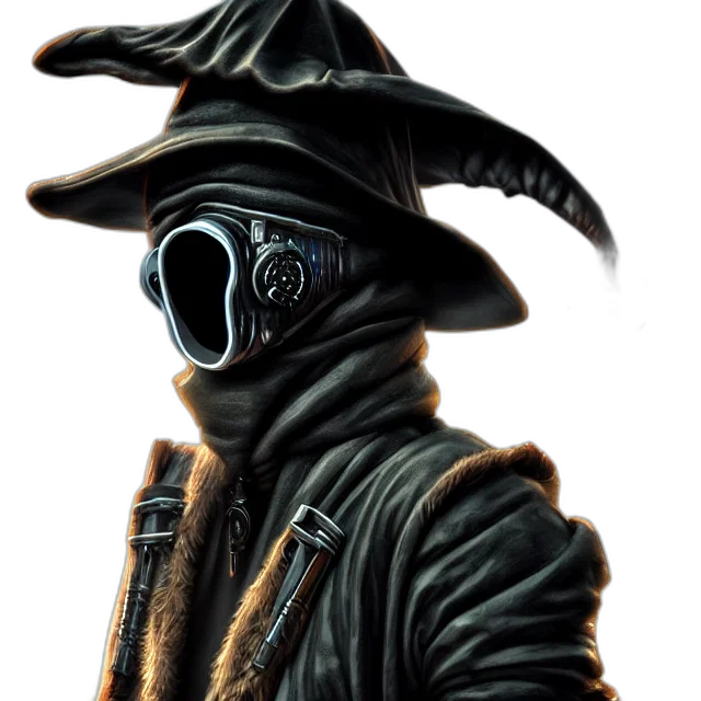 mask, hat, staff, jacket, concept art, fantasy art, comic book art, photorealistic transparent PNG cut-out