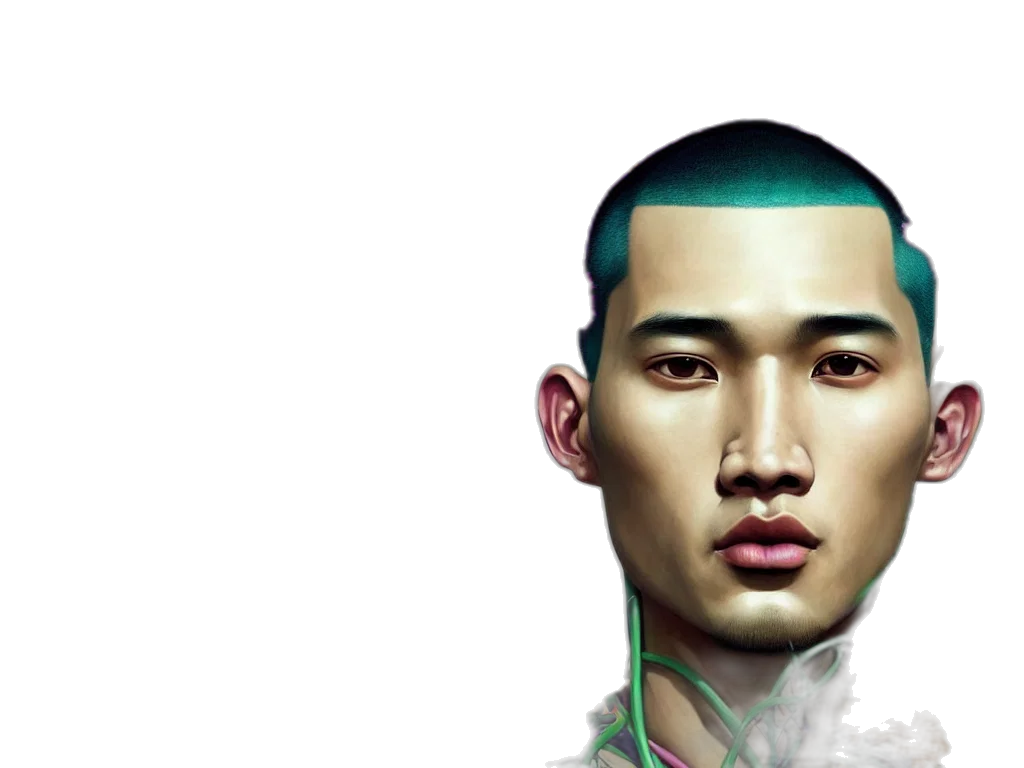 face, photorealistic, cyberpunk, concept art, vaporwave, green, pastel, colourful transparent PNG cut-out