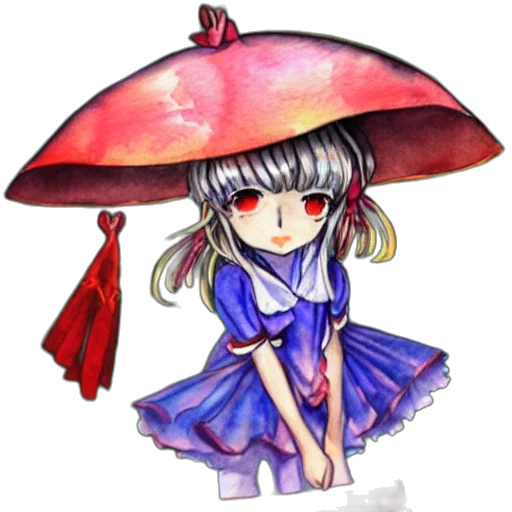 umbrella, dress, hat, staff, anime, pixel art, concept art, fantasy art transparent PNG cut-out