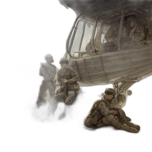 weapon, concept art, photorealistic, 3d render, comic book art, fog, soldiers, sitting transparent PNG cut-out