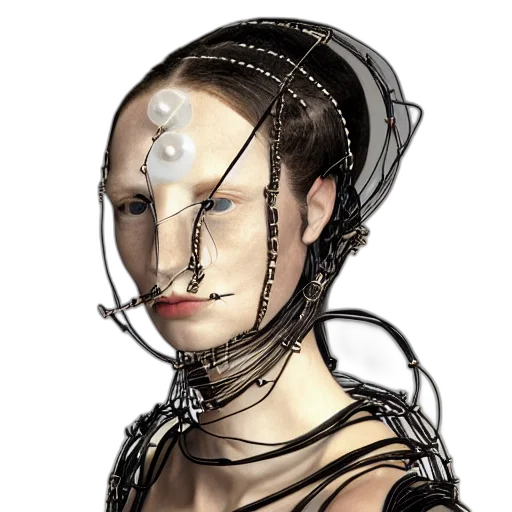 robot, mask, face, jewelry, cyberpunk, concept art, 3d render, photorealistic transparent PNG cut-out
