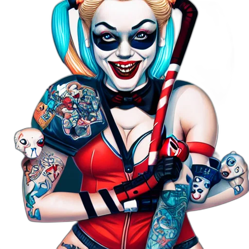 comic book art, cartoon, concept art, fantasy art, harley, quinn, realistic, extremely transparent PNG cut-out