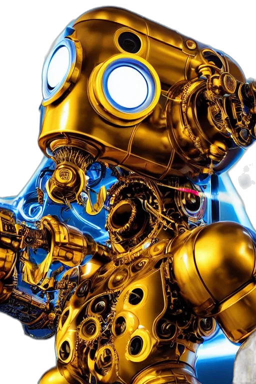 robot, weapon, mask, concept art, 3d render, cyberpunk, comic book art, golden transparent PNG cut-out