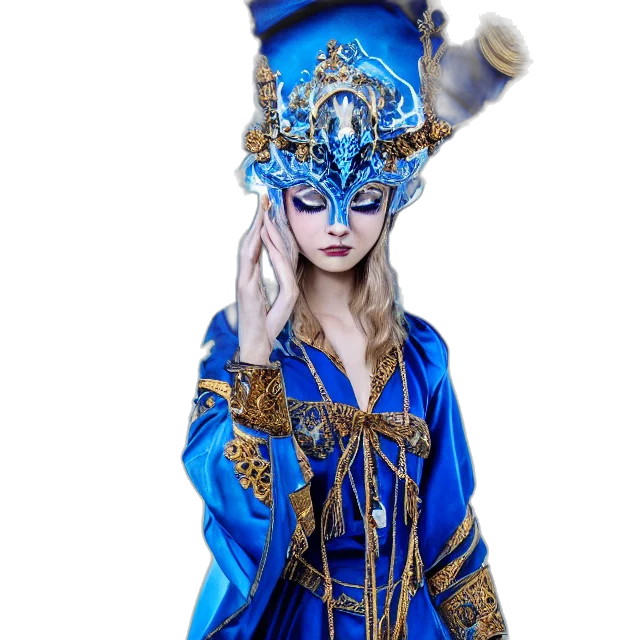 mask, staff, crown, dress, fantasy art, concept art, photorealistic, blue transparent PNG cut-out
