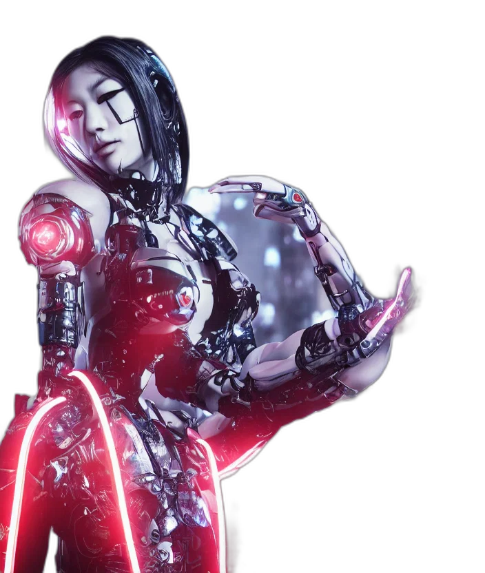 robot, cyberpunk, concept art, 3d render, japanese, model, cyborg, digital transparent PNG cut-out