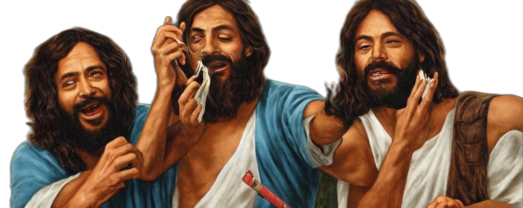 photorealistic, jesus, christ, smoking, blunt, style, cheech, chong transparent PNG cut-out