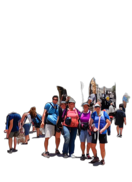 staff, umbrella, robot, 3d render, photorealistic, concept art, city street, tourists transparent PNG cut-out