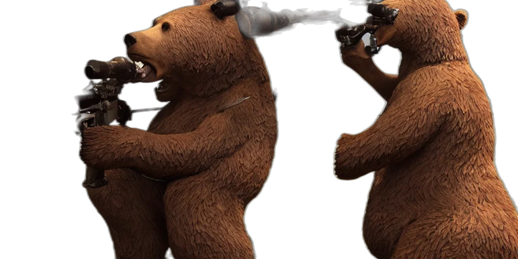 concept art, 3d render, fire, brown, bear, statue, tommy, gun transparent PNG cut-out