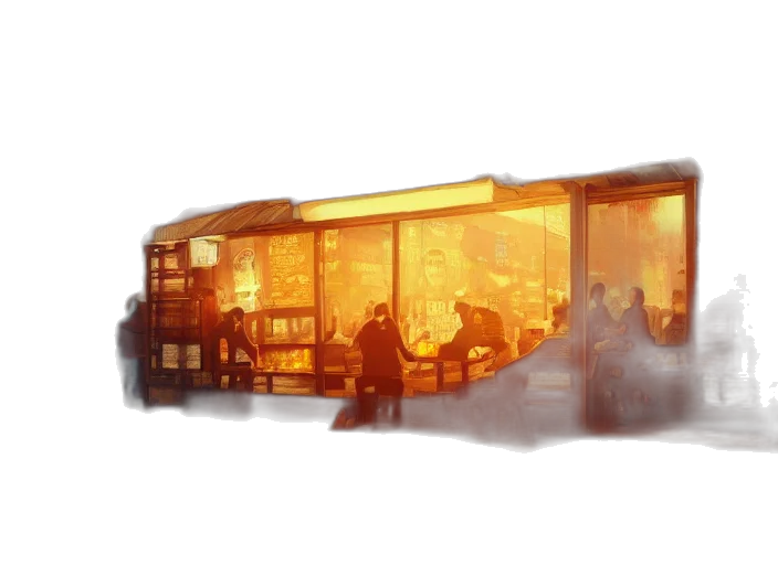 food, concept art, photorealistic, watercolor, 3d render, fog, city street, neon lights transparent PNG cut-out