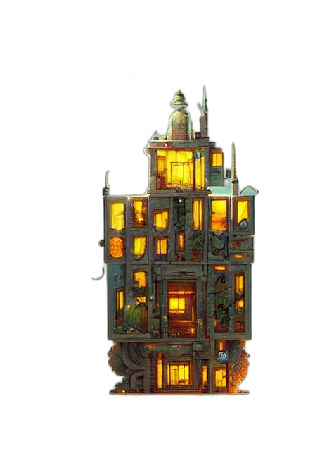 building, concept art, 3d render, fantasy art, pixel art, fire, city street, night transparent PNG cut-out