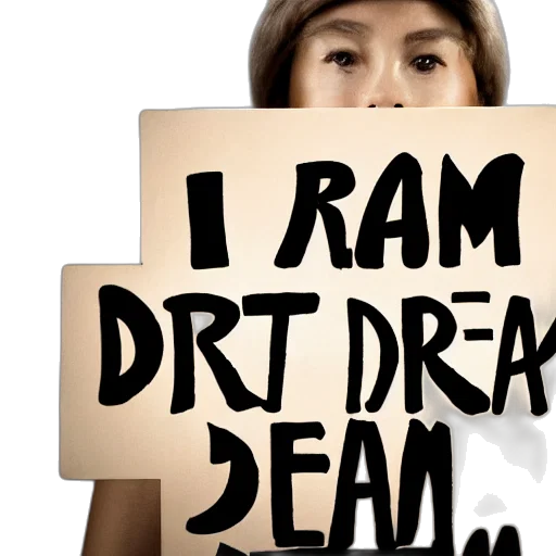 human, robot, holding, sign, text, reads, dream transparent PNG cut-out