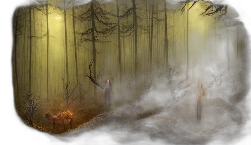 fantasy art, concept art, photorealistic, 3d render, fog, forest, rain, night transparent PNG cut-out