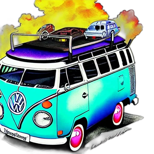 car, concept art, cartoon, comic book art, watercolor, fire, fisheye, perspective transparent PNG cut-out