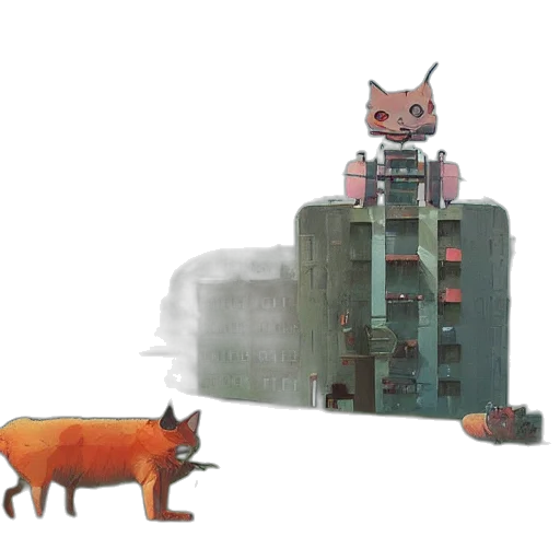 robot, animal, building, concept art, pixel art, 3d render, fantasy art, fog transparent PNG cut-out