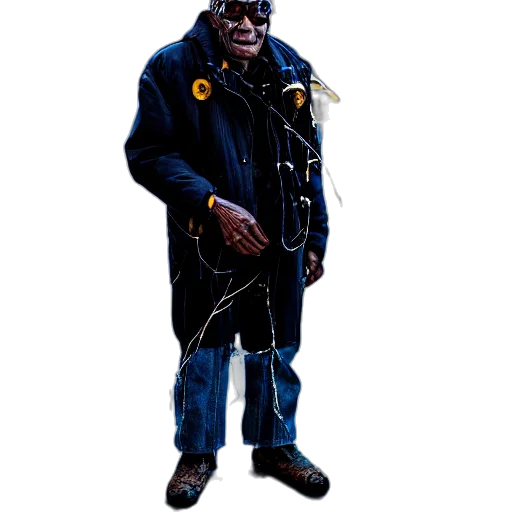 jacket, staff, mask, face, concept art, cyberpunk, pixel art, 3d render transparent PNG cut-out