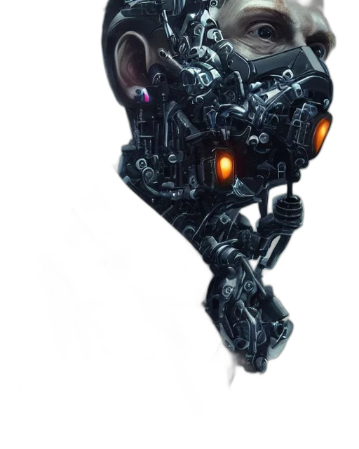 robot, mask, face, weapon, concept art, cyberpunk, 3d render, pixel art transparent PNG cut-out