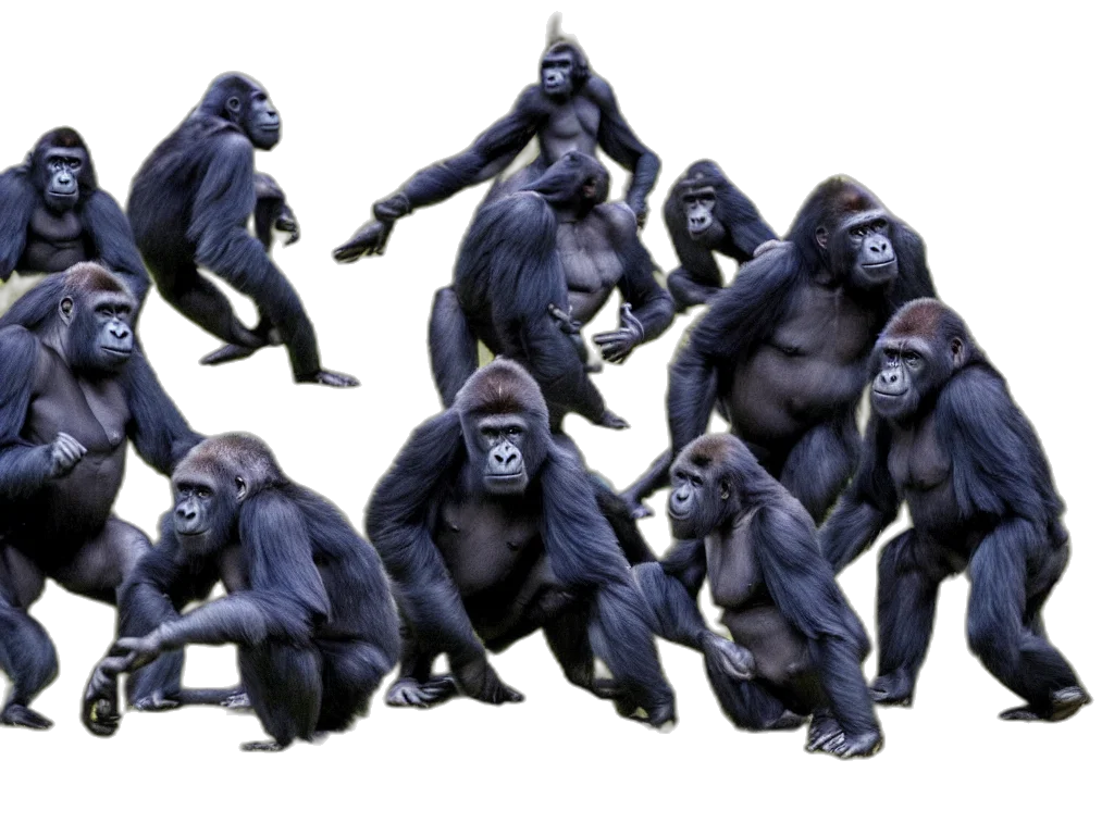 animal, concept art, 3d render, photorealistic, gorillas, playing, soccer, vivid transparent PNG cut-out