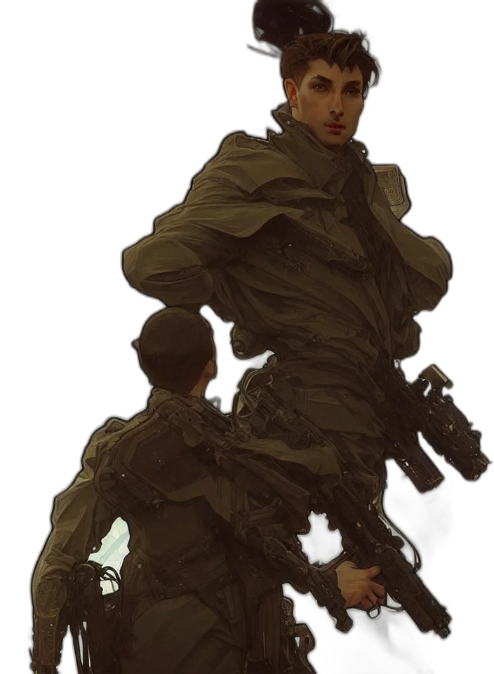 jacket, weapon, staff, face, concept art, pixel art, 3d render, cyberpunk transparent PNG cut-out