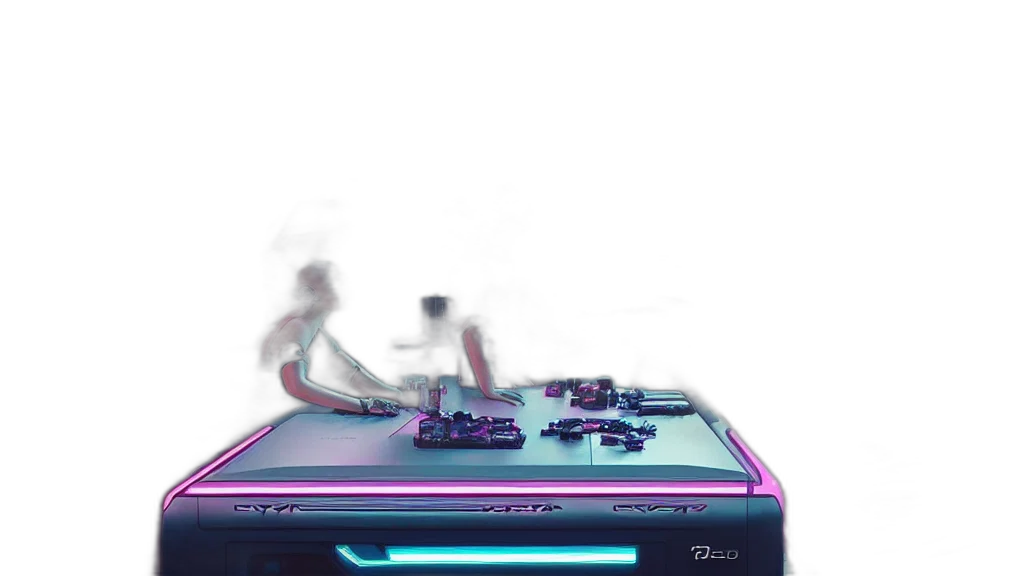 robot, weapon, car, furniture, vaporwave, cyberpunk, concept art, 3d render transparent PNG cut-out