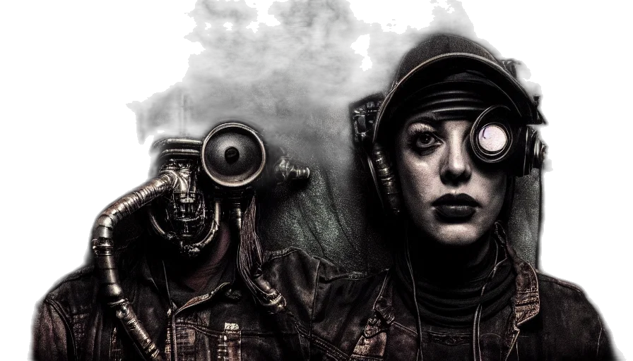 mask, face, jacket, robot, comic book art, concept art, cyberpunk, photorealistic transparent PNG cut-out