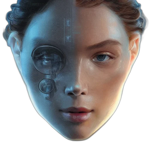 robot, face, mask, jewelry, cyberpunk, concept art, 3d render, photorealistic transparent PNG cut-out