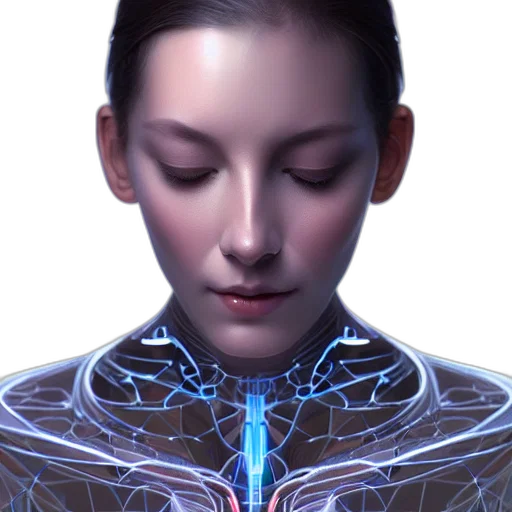 robot, face, jewelry, cyberpunk, photorealistic, concept art, 3d render, neon lights transparent PNG cut-out